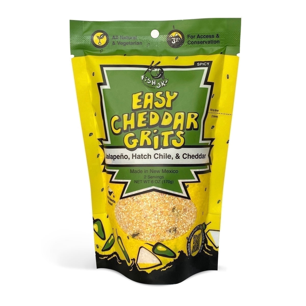 (3 pack) FishSki Provisions Jalapeno Hatch Green Chile Cheddar Yellow Corn Grits, Dry Mix, Easy to Prepare, Shelf-Stable, Bag, 6 oz