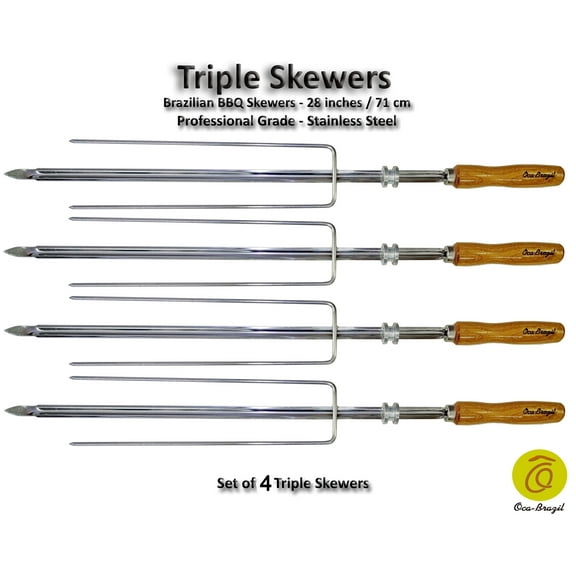 Triple - Set of 4 Brazilian Skewers for BBQ 28" - Professional Grade