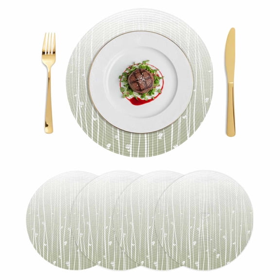 Sage Green Round 13 Inch Placemats Set of 4, Floral Stripe Gradient Simple Branch Texture HeatResistant Non Slip Place Mats for Dining Table, Wipeable Braided Kitchen Table Mats for Housewarming