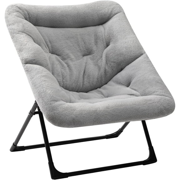 X-Large Saucer Chair, Comfy Oversized Folding Chair, Faux-Fur Reading Chair for Teens, Adults, Foldable Accent Lazy Chair, Metal Frame Lounge Chair for Living Room, Bedroom, Dorm, Grey