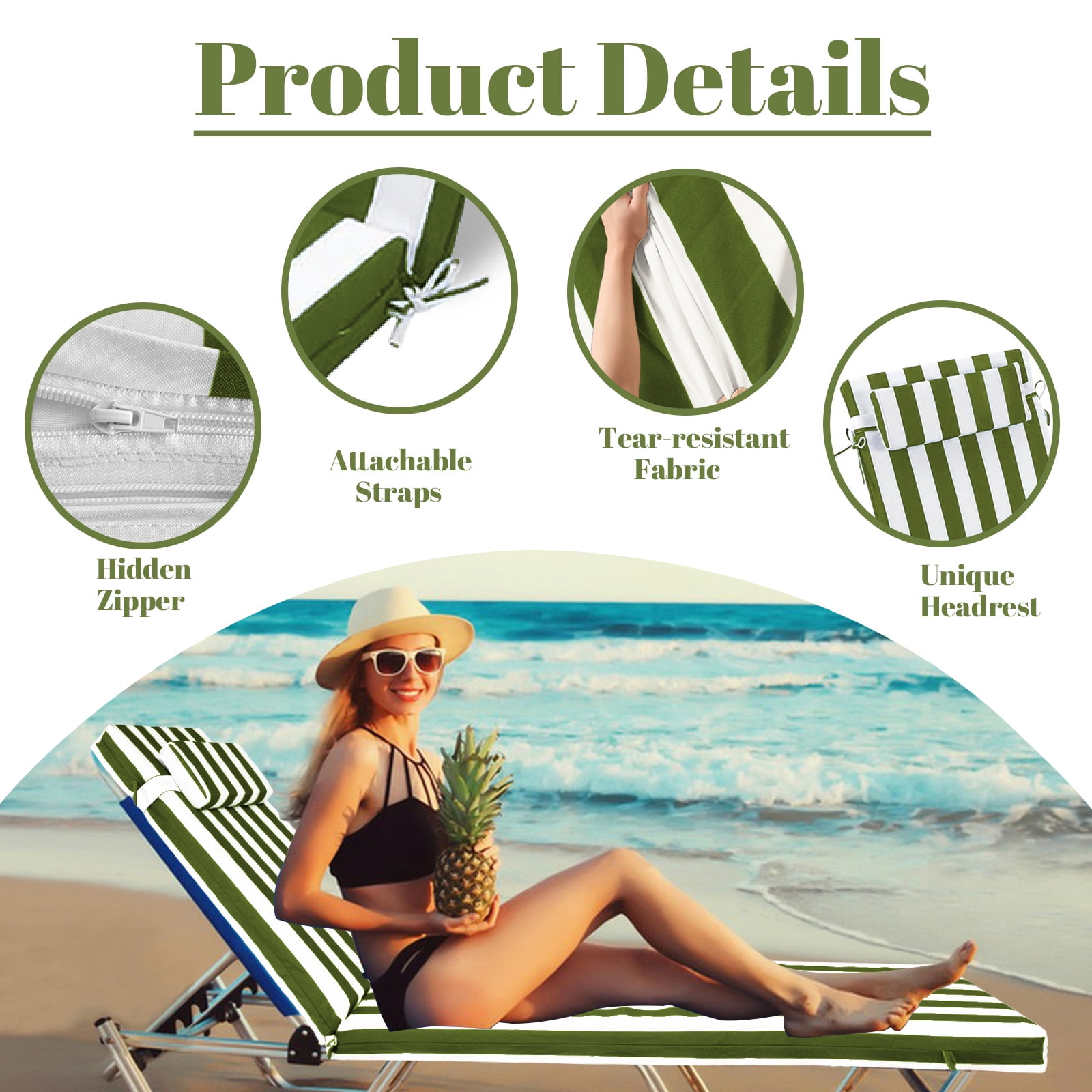 SDJPOI Outdoor Chaise Lounge Cushions, Patio Chaise Cushion with Headres for Pool Sand Beach