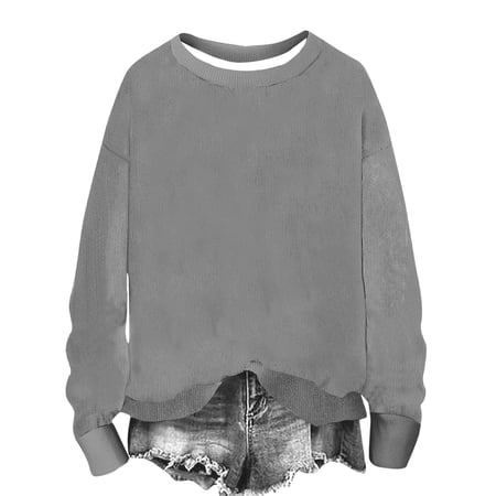 Scyoekwg Womens Sweatshirt Crewneck Sweatshirts Tops for Women Trendy Loose Long Sleeve Solid Color Dressy Casual Blouse Pullover (Gray XL)