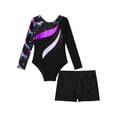 thumbnail image 3 of Alvivi Kids Girls Sparkle Tracksuit Dance Outfits Long Sleeve Gymnastics Leotard Unitard with Booty Shorts Black&Purple 6, 3 of 7
