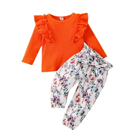 

Carolilly 2 Pcs Baby Girls Pants Set Ruffled Ribbed Long Sleeve Round Neck Knit Pullover + Floral Trousers with Belt