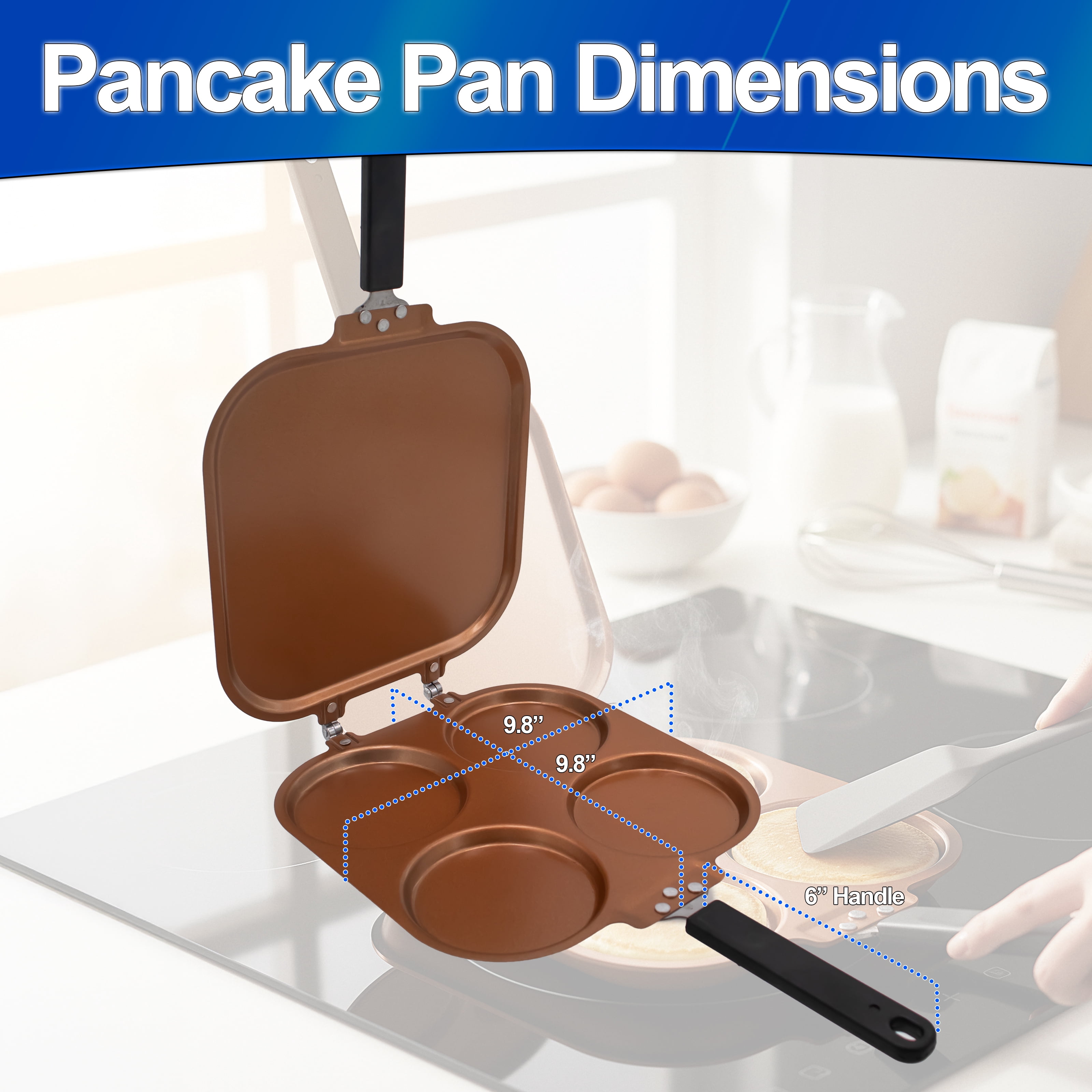 4 Mold Flip Pancake Pan - Dual-Sided Griddle, Copper Nonstick Aluminum Body and Reinforced Hinges, Compact Fold Flat Storage for RVs, Small Kitchens & Apartments