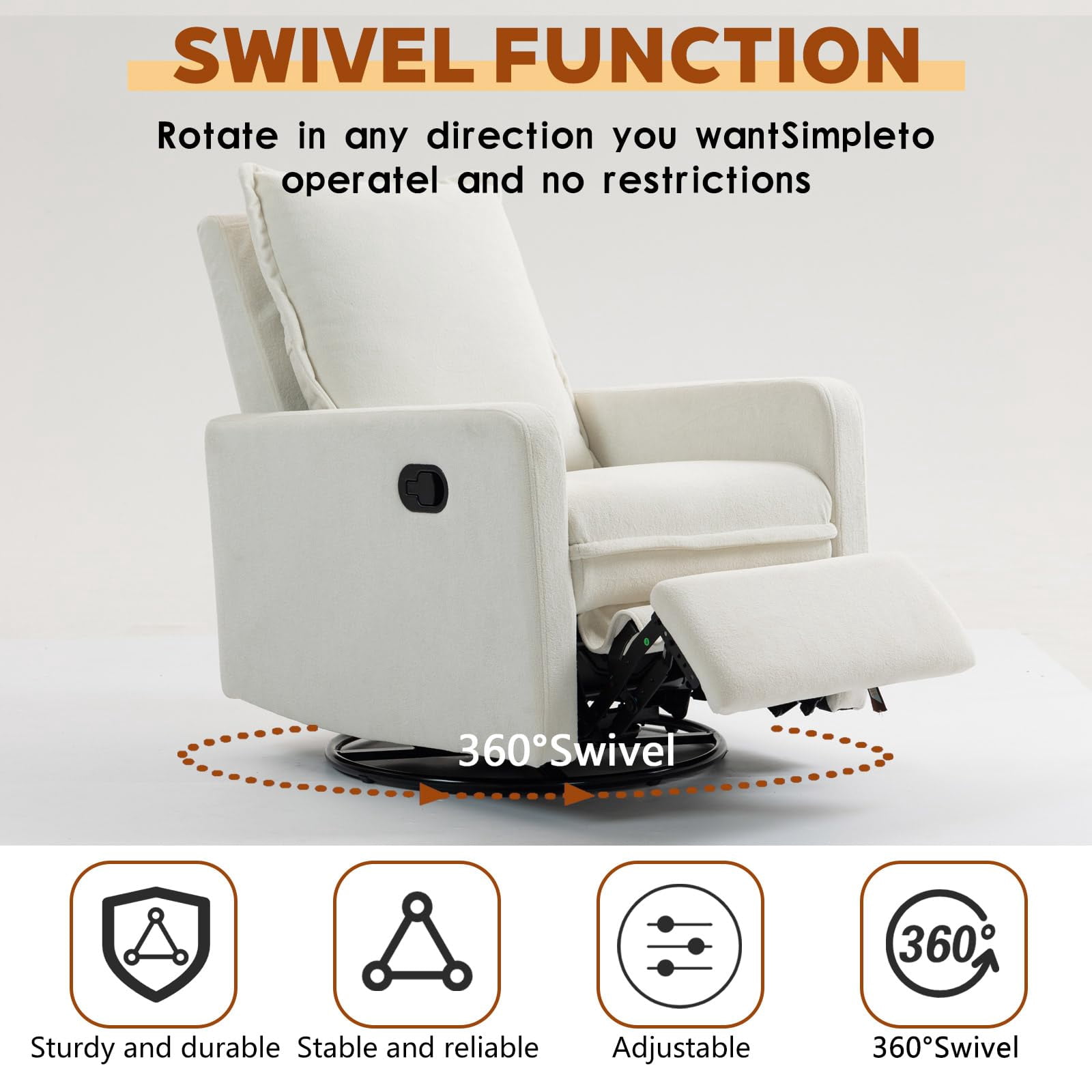 Lovableguy Modern Swivel Recliner Chair,Velvet Manual Button Nursery Glider Reclining Chair with Footrest,Comfy Upholstered Rocking Chair Living Room,Bedroom,White