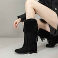 thumbnail image 2 of Lovzfmll Cowboy Boots for Women, Fringe Knee High High Heel Stacked, Mid Heel Wide Calf Round Toe Cowgirl Boots Fall Black Boots, 2 of 8