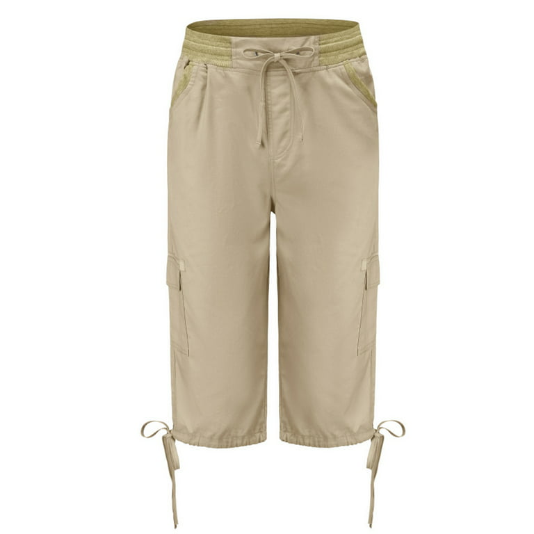 Grianlook Women's Drawstring Cargo Capri Pants with Pockets Plain Casual  Lounge Pants 