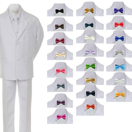 

6pc Boy Teen Formal Wedding Party White Tuxedo Suit Vest Sets Satin Bow Tie 8-20
