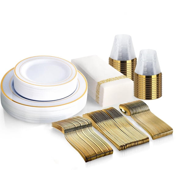 M MCIRCO 175 Piece Gold Dinnerware AFN1Set - 50 Gold Rim Plastic Plates - 25 Gold Plastic Silverware - 25 Gold Plastic Cups - 25 Gold Paper Napkins, 25 Guest Disposable Gold Dinnerware Set