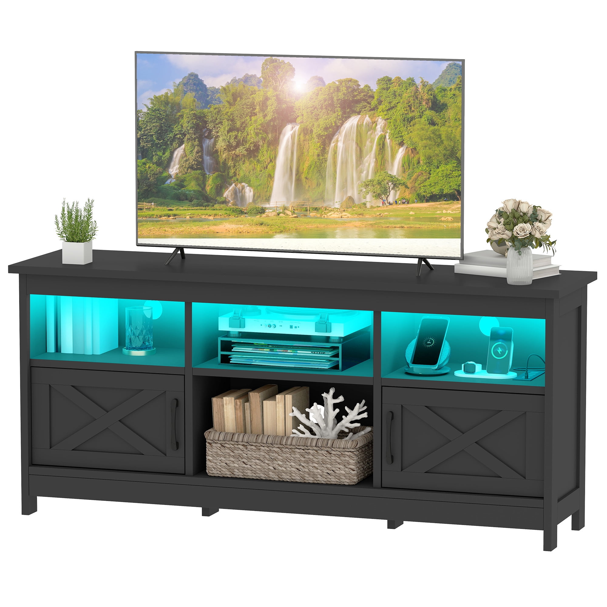 Uforic 59" TV Stand for 65" TV - Black Entertainment Center with Storage Cabinets, Open Shelves, 24-Color LED Light Strip & Integrated Power Strip, Ideal for Living Room or Bedroom Media Console