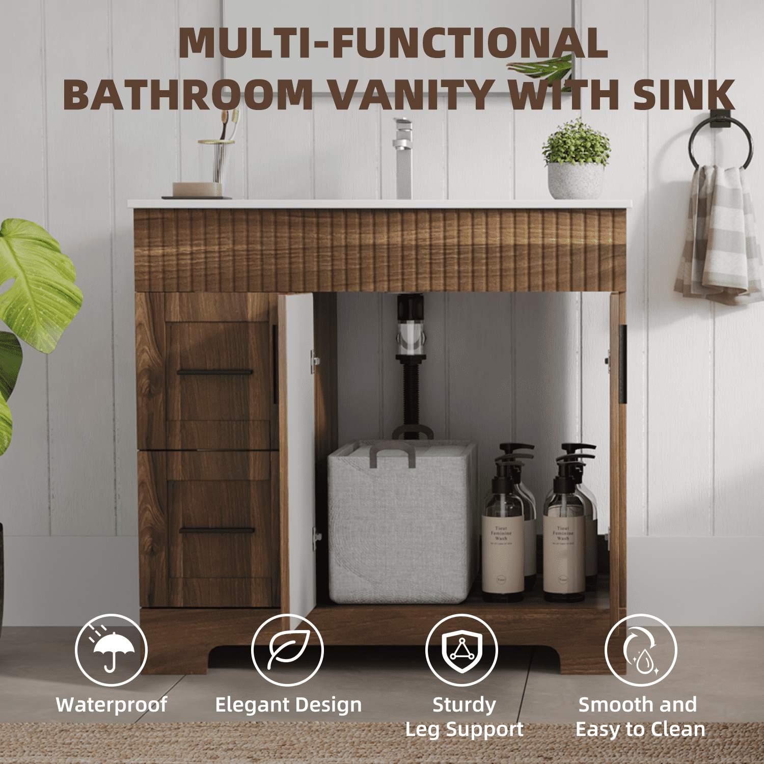 Richryce 36 Inch Bathroom Vanity with Ceramic Sink, Wooden Bathroom Sink Vanity with a Door & 2 Drawers, Freestanding Bathroom Sink Cabinet (Walnut)