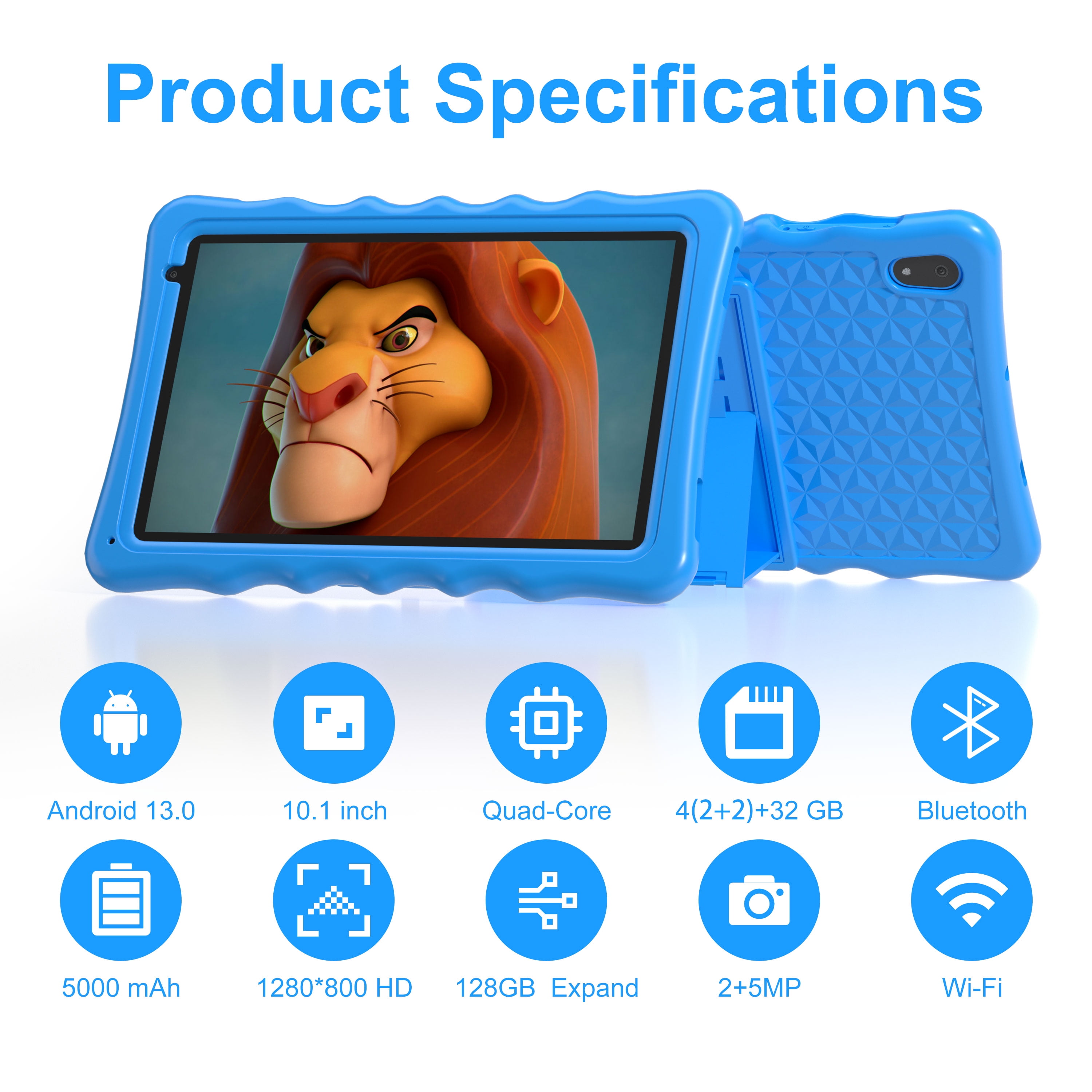 Kids Tablet, 10.1 inch Android 13 Tablet for Kids, 4GB RAM 32GB ROM 5000mAh Battery, Toddler Tablets with Bluetooth, WiFi, Parental Control, Dual Camera, Shockproof Case