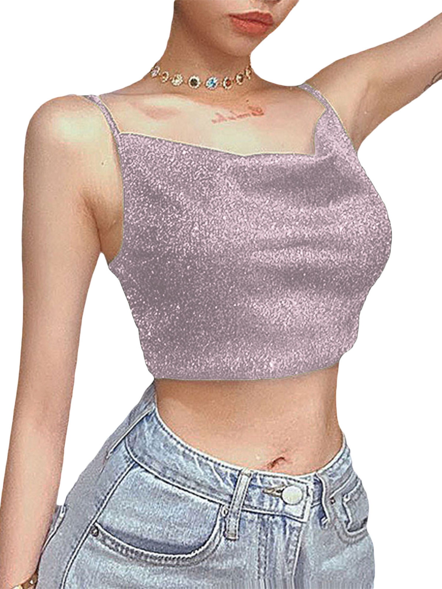 Crop Tops for Women Shiny Tank Sparkle Camisole Rhinestone Reflective  Sequin Tank Top Night Party Clubwear - Walmart.com