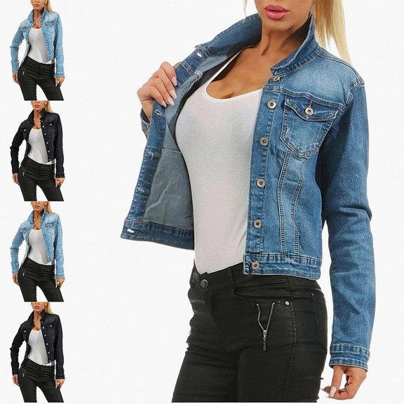 Zefriona Womens Slim Fit Denim Jacket Beaded Detail Long Sleeve Button Down Casual Jean Coat Blue Size L