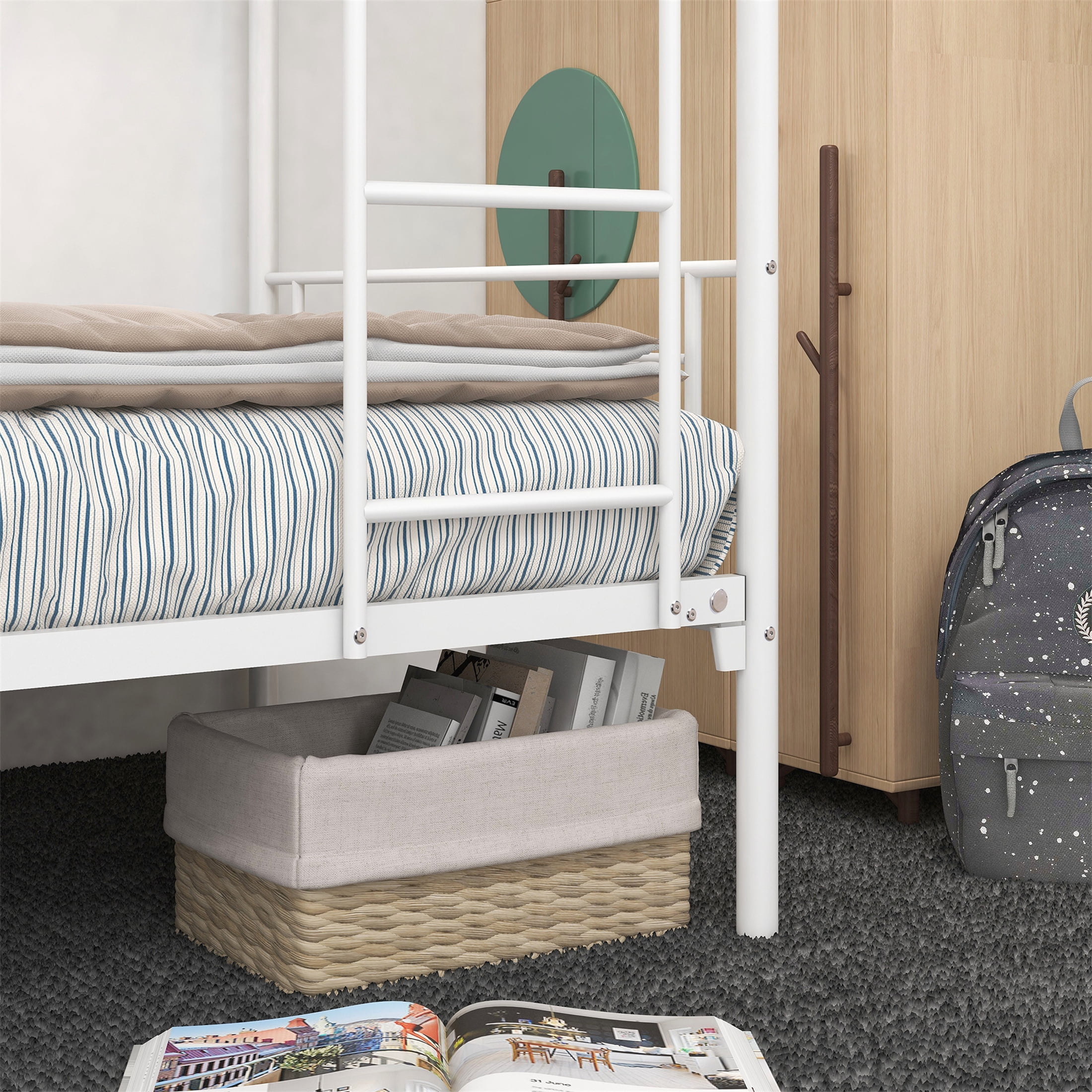 Aukfa Metal Bunk Bed for Kids, Twin over Twin, Built in Ladder, White