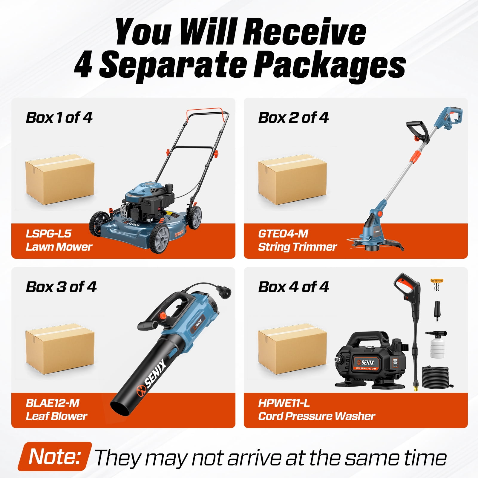 SENIX 4-Tool Combo Kit w/ 144cc 20" Gas Lawn Mower, 13"  Weed Eater, 700 CFM Blower & 1600 PSI Pressure Washer