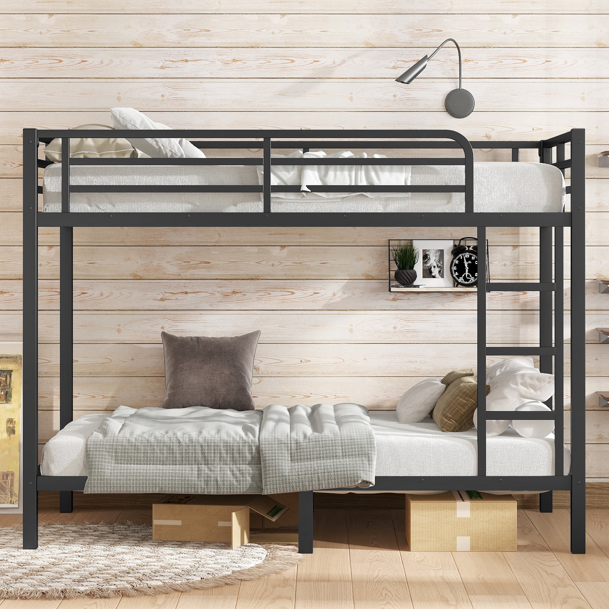 HOQBN Bunk Bed Twin XL over Twin XL,Metal Bunk Bed with Full Length Guardrail,Space-Saving,Noise Reduced,Black