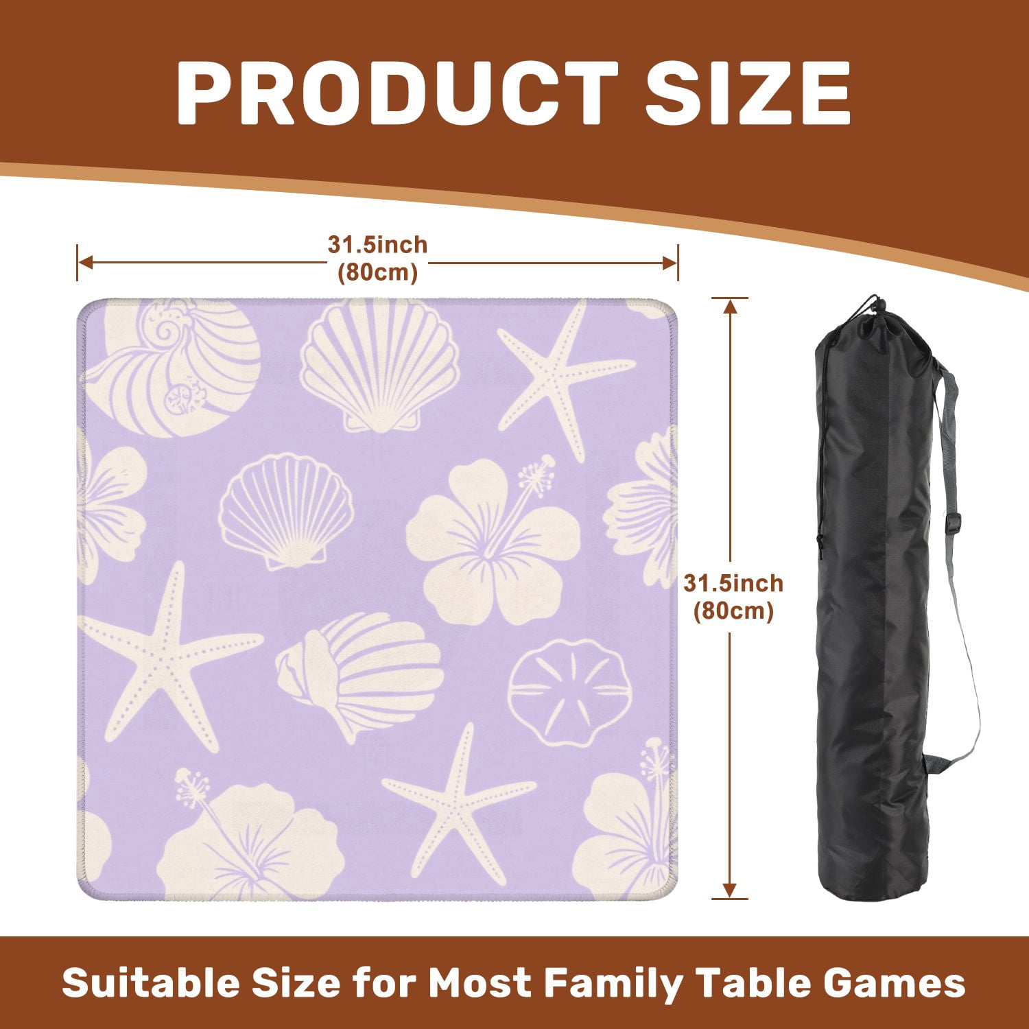 Mahjong Mat 31.5" x 31.5" Pastel Purple Tropical Seashell Starfish Hibiscus Flowers Non-Slip Noise Reduction American Mahjong Tiles Table Cover for Dominoes Poker Card Board Games Gift