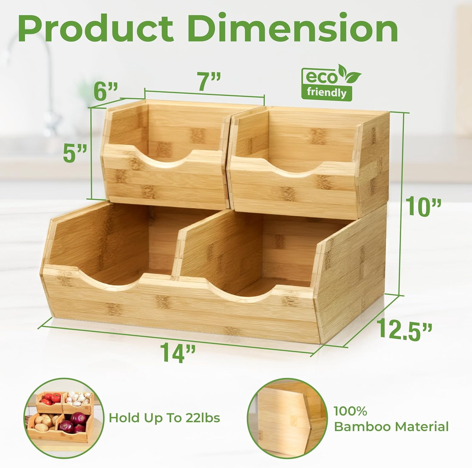Homestead Bamboo Pantry Storage Bins, Set of 3 – Stackable Open Front Potato and Onion Storage Bins, Wooden Pantry Organizer Baskets for Kitchen, Fruit Vegetable Bin