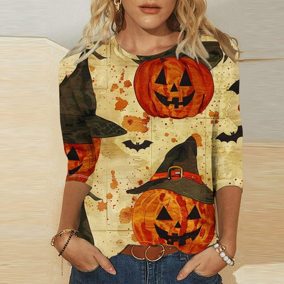 Jsaierl Women's Halloween Shirts Funny Pumpkin Ghost Graphic Tees Loose Fit Crewneck T-shirt 3/4 Sleeve Dressy Casual Blouse Tops Halloween Clothes