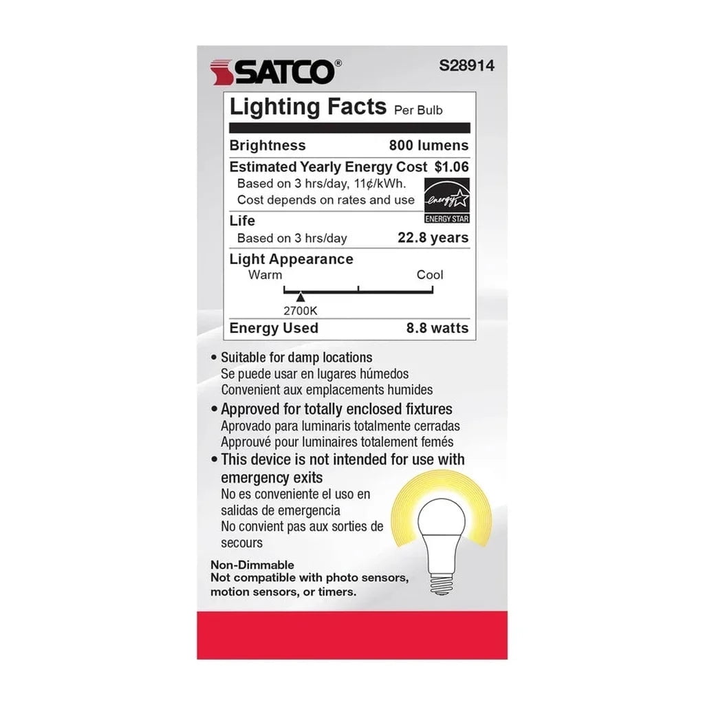 Satco 8.8-Watt LED E26 Light Bulbs, 2700K, 25000 Hour Rating, Dimmable, 6 Pack