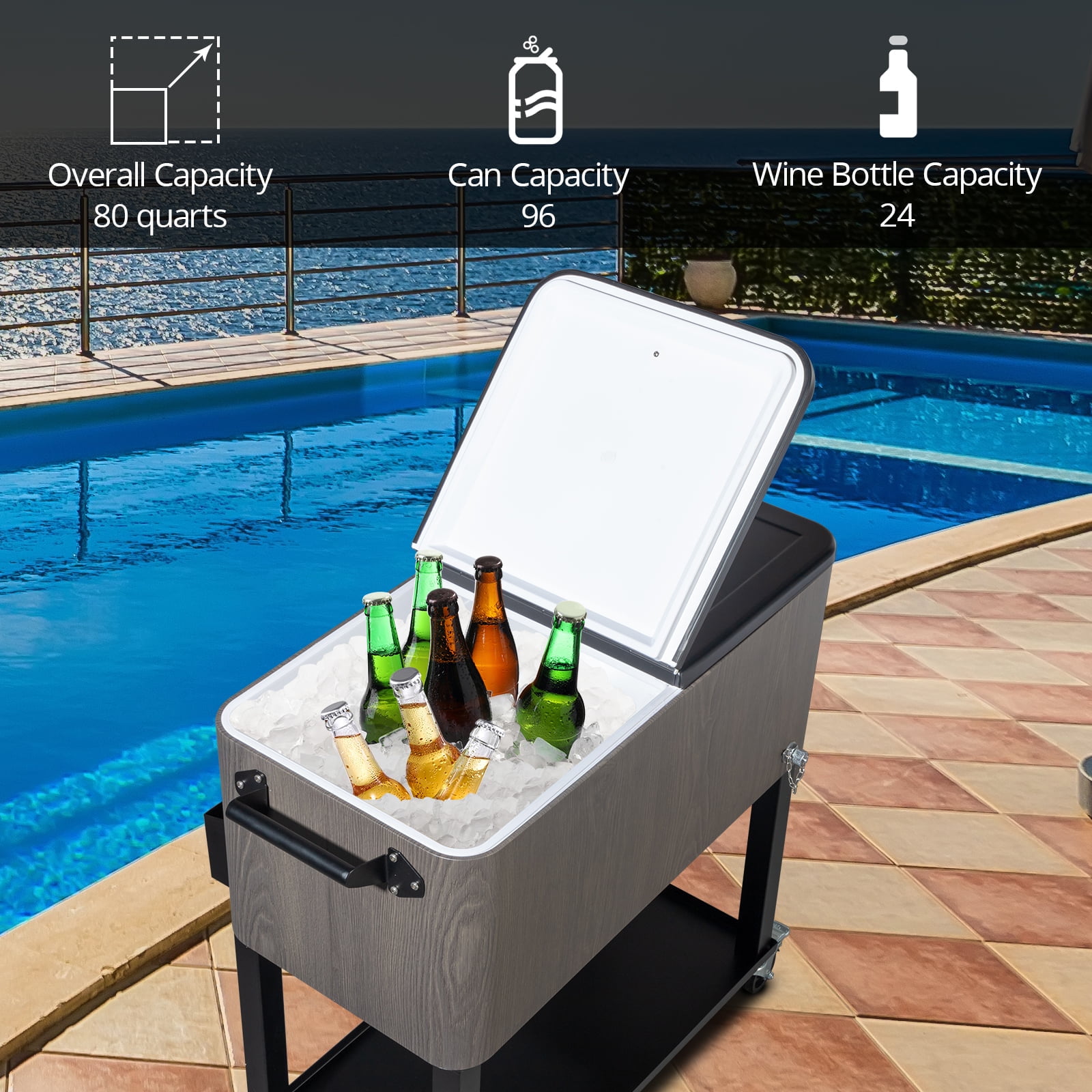 80Qt Outdoor Beverage Rolling Cooler for Backyard Deck Patio with Wheels