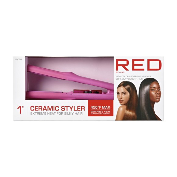 Red by Kiss Plancha alisadora de cerámica de 1.0 in, hasta 450 F, ajustes de calor variables para cabello suave y sedoso, placas de cerámica profesionales, cable giratorio sin enredos (rosa)