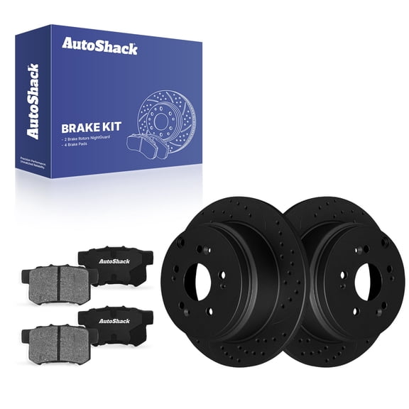 AutoShack Rear Solid Drilled & Slotted E-Coated Brake Rotors Black Finish   Ceramic Pads 6-PC Brake Kit Replacement for 2005-2016 Honda CR-V 2010-2018 Acura RDX NightGuard 12" (304.7 mm)