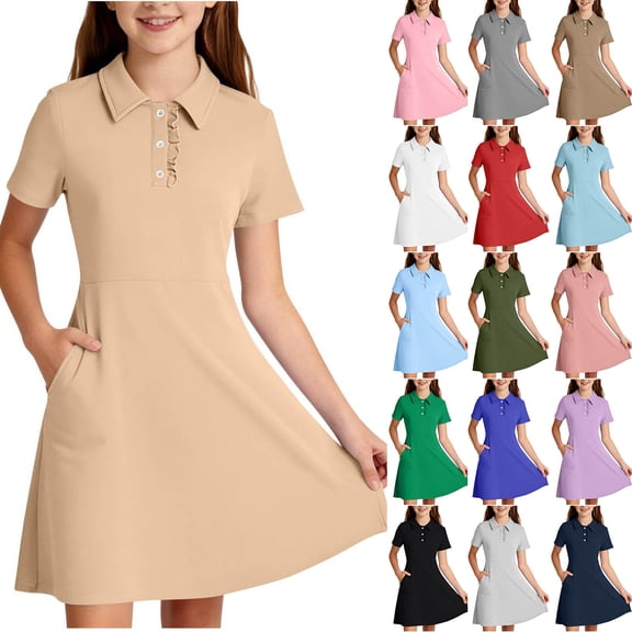 Girls Shirt Dress Short Sleeve Lapel Button Down Midi Dresses Casual Stylish Preppy Outfits With Pockets (14-15 Years, Khaki)