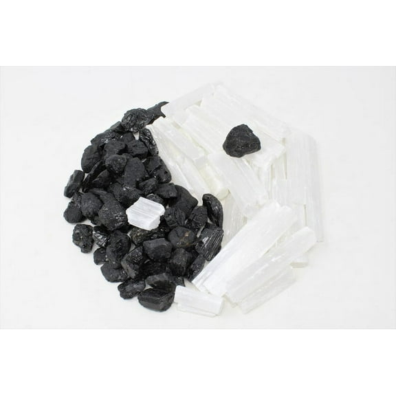 Black Tourmaline and Selenite 1 - 2 LBS combo - Bulk Crystal Protection Grid, Healing Crystals, For Reiki Healing
