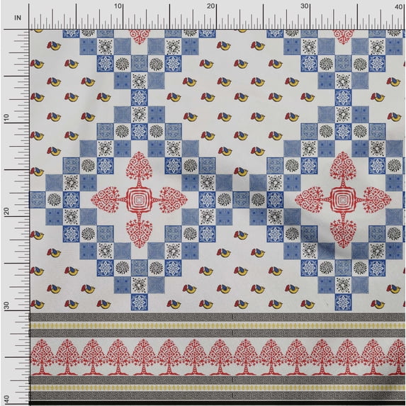Soimoi Japan Crepe Satin Fabric Geometric,Tree & Bird Panel Fabric Prints by Yard 42 Inch Wide