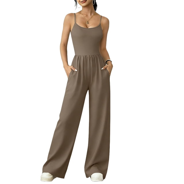 Jumpsuit for Women, Strapless Waist Cinching Wide Leg, Double-Strap Sleeveless Top, Ruched Waist, Solid Color