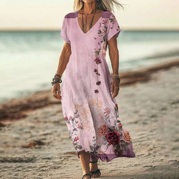 Yotami Floral Print Dress for Women V-Neck Long Dress Boho Summer Short Sleeve Loose Flowy Dress for Daily