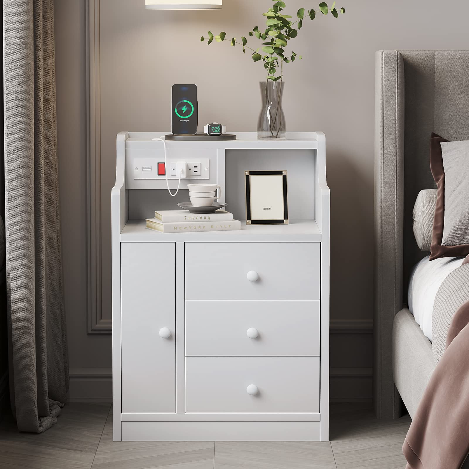 Nightstand with USB Charging Station and Hutch, Night Stand with 3