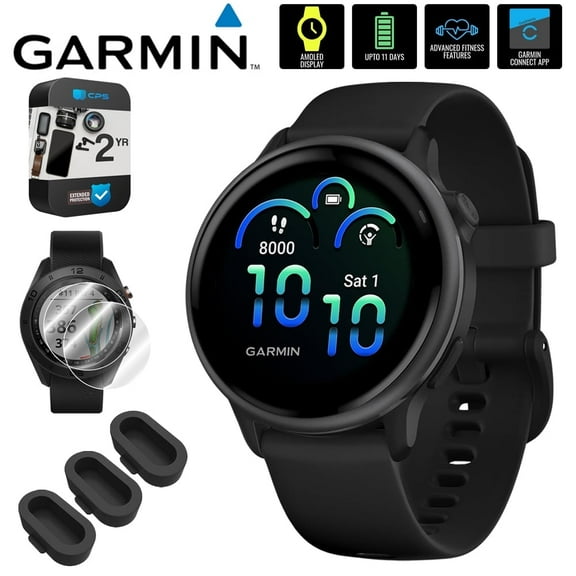Garmin 010-02985-00 VIVOACTIVE 6 Health & Fitness GPS Smartwatch, Black with Silicone Band Bundle with 2 Year Extended Warranty, Deco Essentials Silicone Dust Covers & 2x Screen Protector