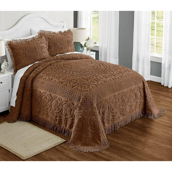 Montgomery Ward Emily Floral Chenille Bedspread, Soft Cotton Comforter, King Size Quilt in Chocolate - Luxury Hotel Bedding
