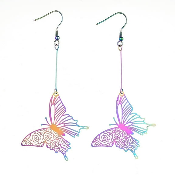 2pairs 304 Stainless Steel Dangle Earrings 201 Stainless Steel Filigree Pendants Butterfly Rainbow color 94mm Pin: 0.7mm