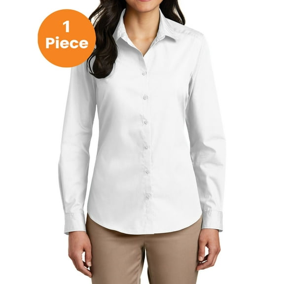 Port Authority LW100 Ladies Long Sleeve Carefree Poplin Shirt, White, 4XL, Womens Button Down Shirts