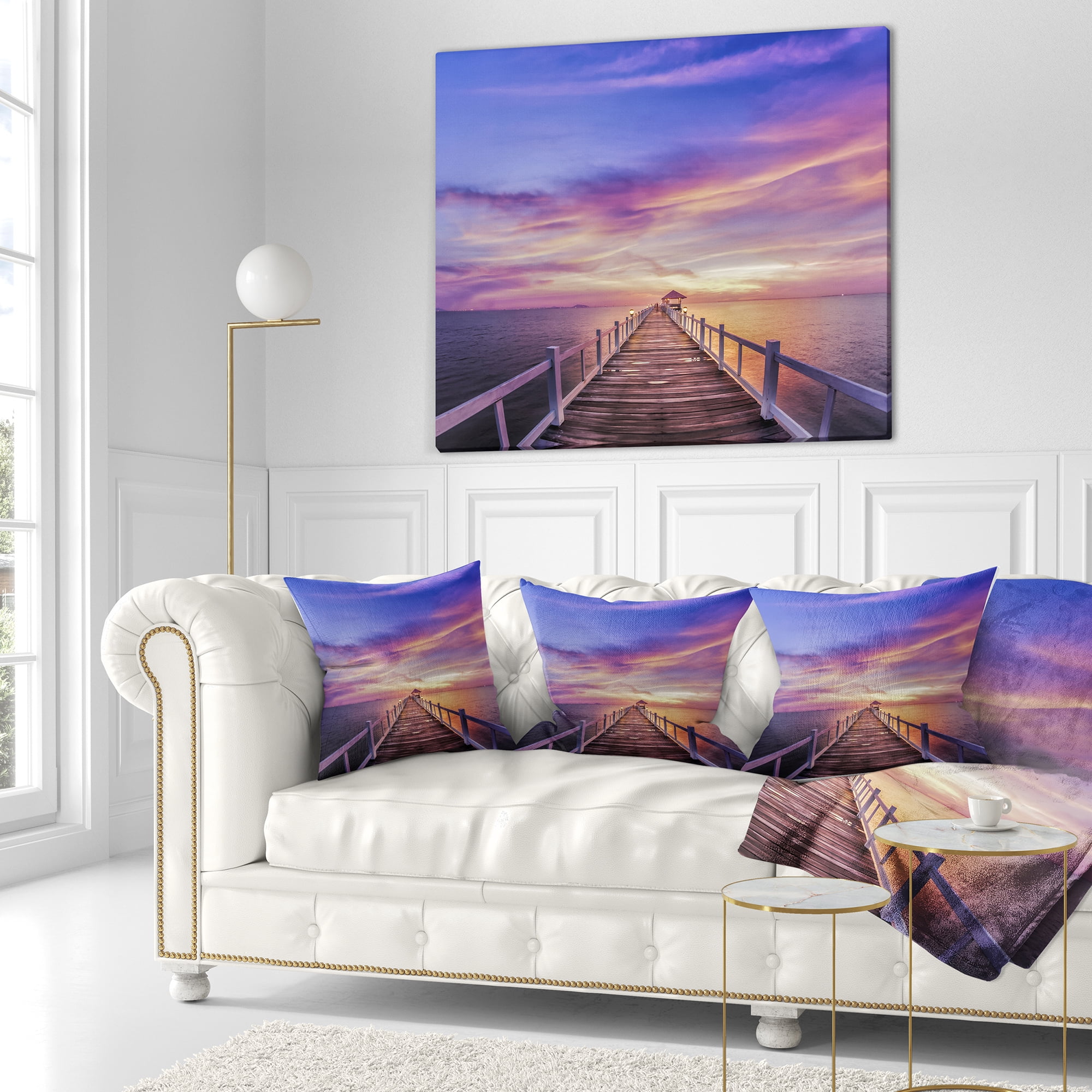 Designart Wooden Bridge under Purple Sky - Pier Seascape Throw Pillow - 18x18