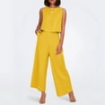 thumbnail image 2 of Conjunto de dos piezas de lino de color liso para mujer: top corto sin mangas con botones y pantalones de pierna ancha, tejido transpirable para el verano, 2 of 8