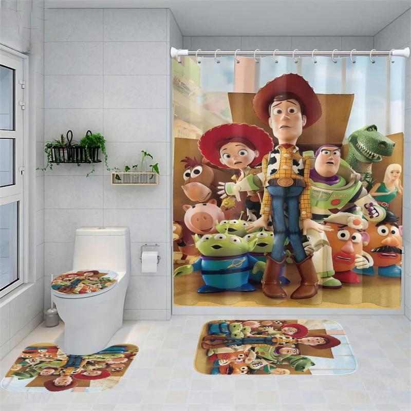 Lheaggik Cartoon Story 4 Pcs Bathroom Sets with Shower Curtain and Rugs, Waterproof Polyester Shower Curtain Sets with Hooks