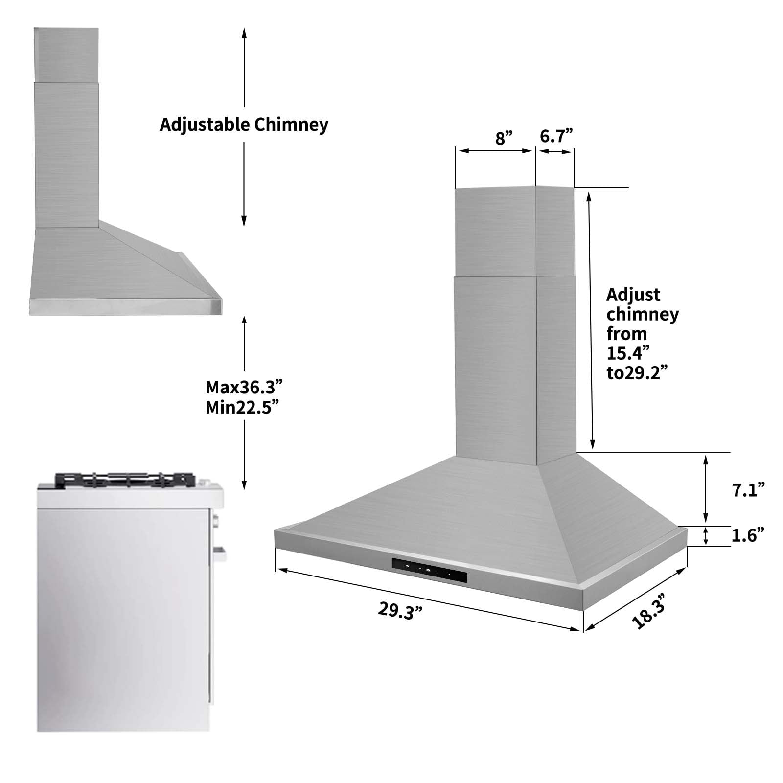 30" Stainless Steel Wall Mount Range Hood - 450 CFM, 3-Speed with LED Light, Dishwasher Safe Filters, 120V‌