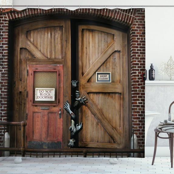 Ambesonne Zombie Shower Curtain, Monster Wood Door, 69"Wx84"L, Umber Chestnut Brown