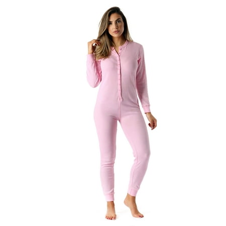 #followme Women's Thermal Henley Onesie - Soft and Cozy Union Suit for Winter Sleepwear and Lounging (Pink, X-Small)