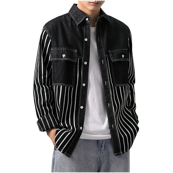 PuLe Shirts for Men Men's Stylish Striped Jean Trucker Jacket Classic Casual Outerwear Button Down Cowboy Denim Jackets 