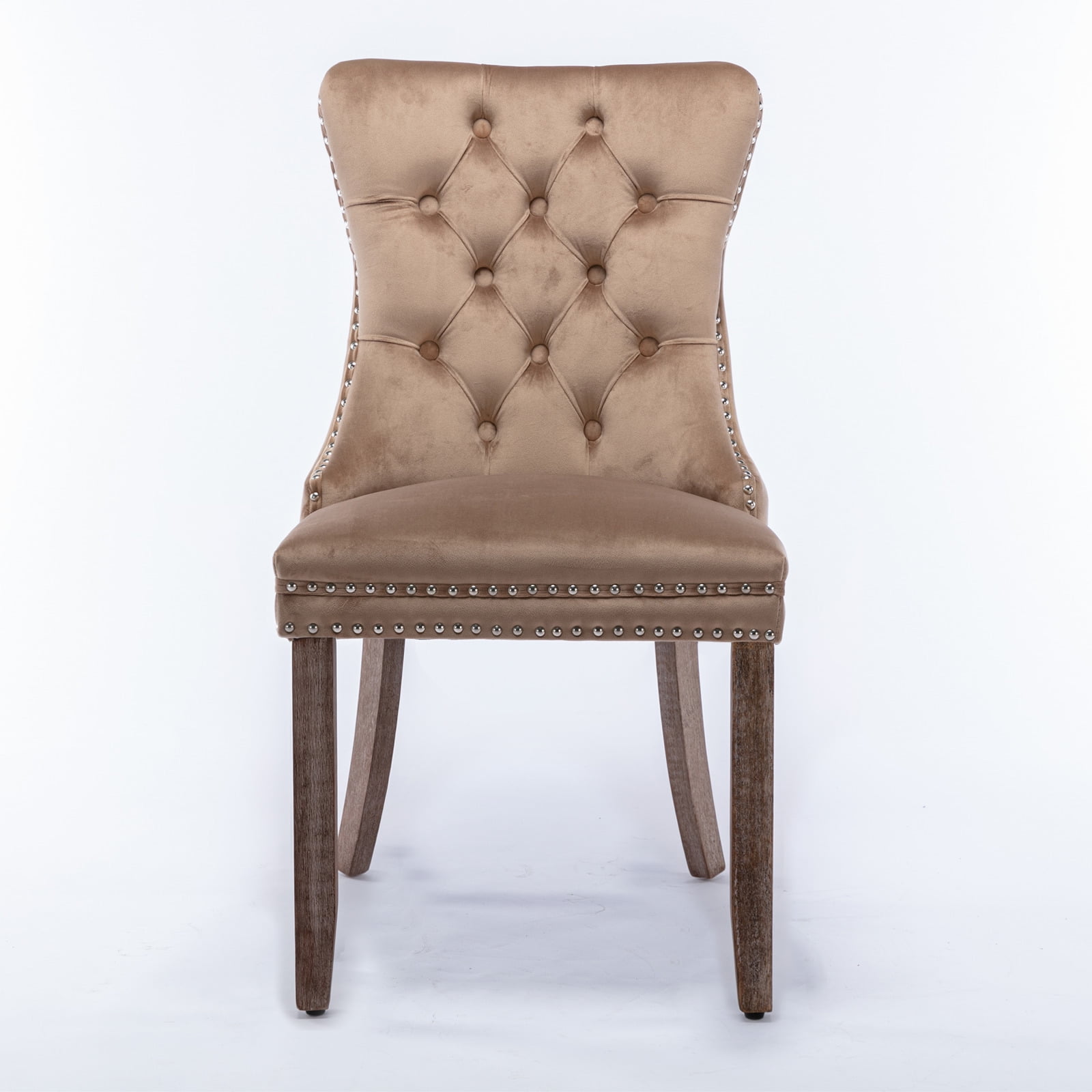Nikki Collection Modern, High-end Tufted Solid Wood Contemporary Velvet Upholstered Dining Chair with Wood Legs Nailhead Trim 2-Pcs Set, Khaki