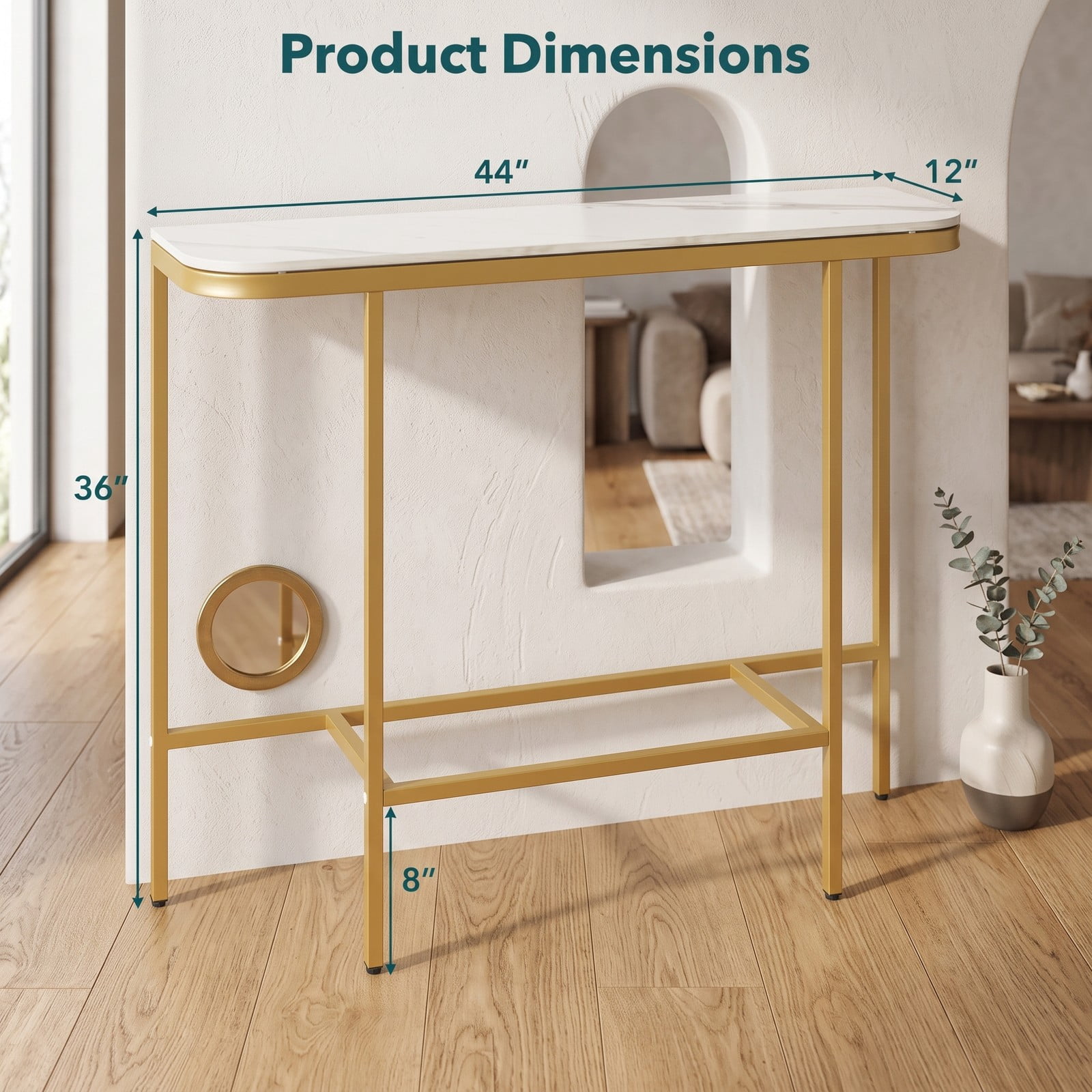 Furnibear 44 Inch Console Table with Faux Marble Tabletop and Heavy-Duty Metal Frame for Entryway and Living Room, White and Gold