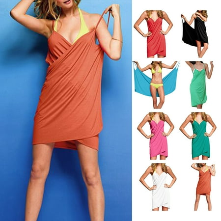 Eoperou Women Beach Shawl Solid Color Cross V Neck Sleeveless Backless Dress Up Irregular Hem Sun Protection Lady Beach Bikini Cover Up Female Clothes