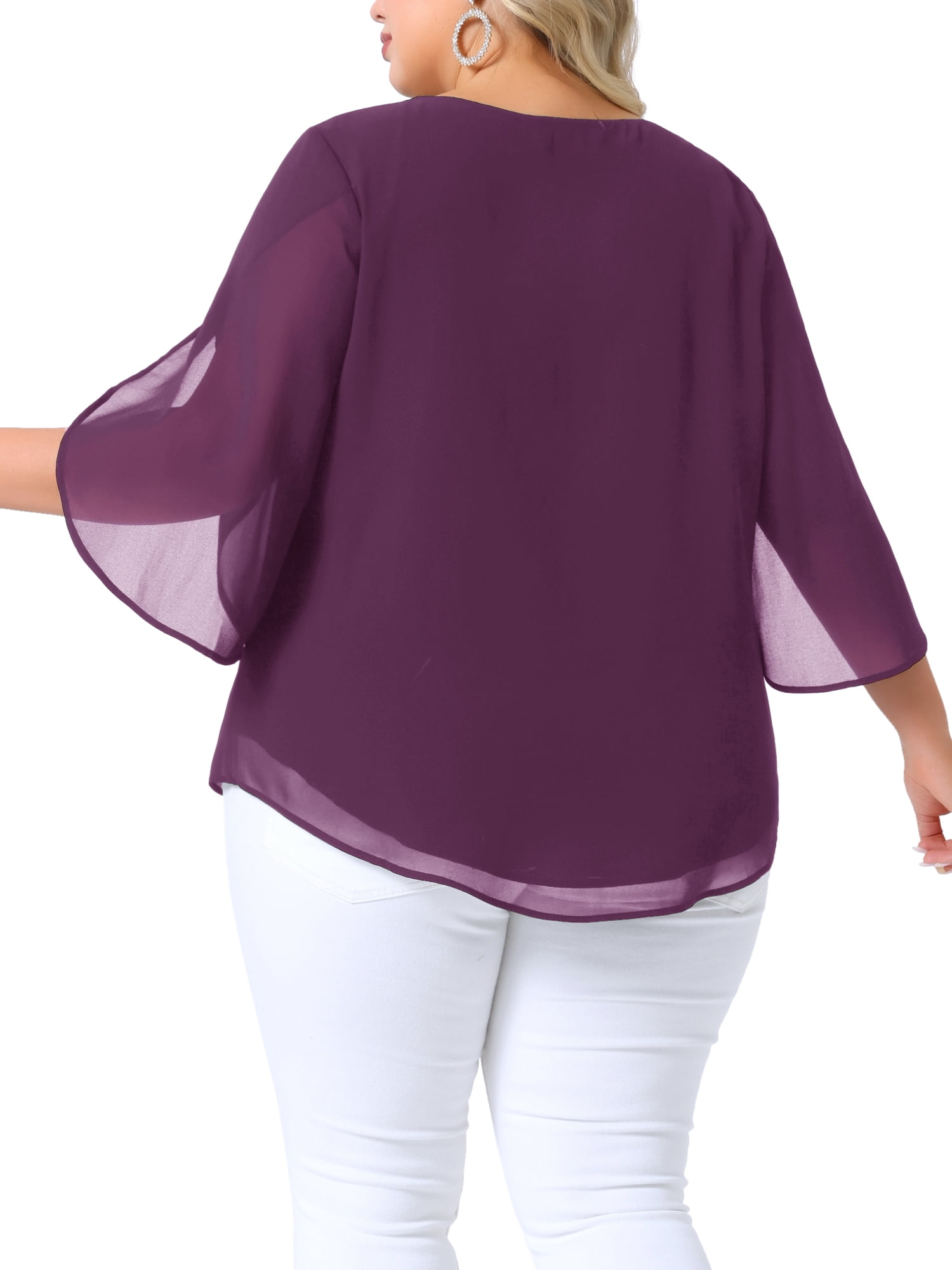 Women's Plus Blouses with Flutter Petal Half Sleeve Chiffon Top 2X Dark Purple
